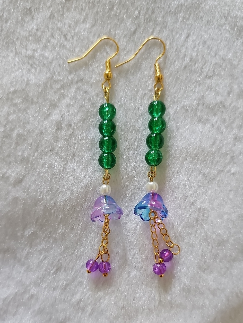 Green Bead & Purple and Blue Flower Dangle Earrings